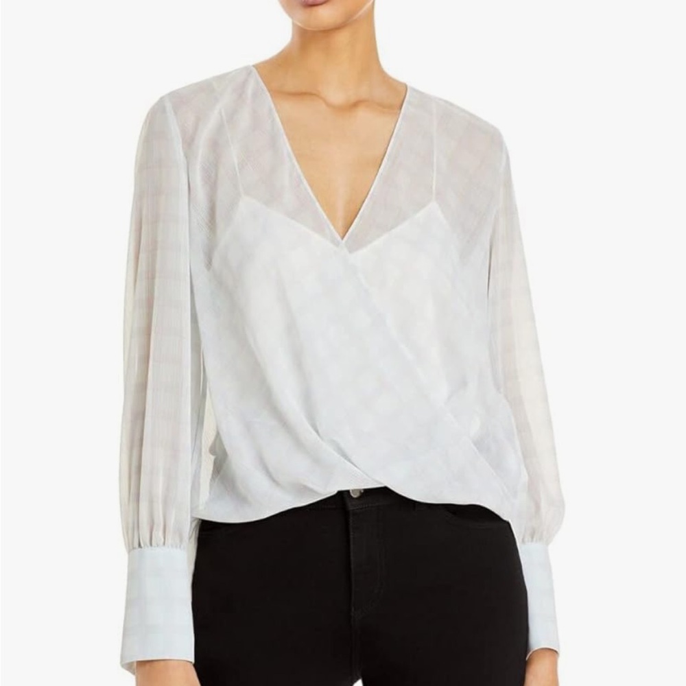 NWT Emporio Armani Sheer Plaid Crossover V-Neck Blouse